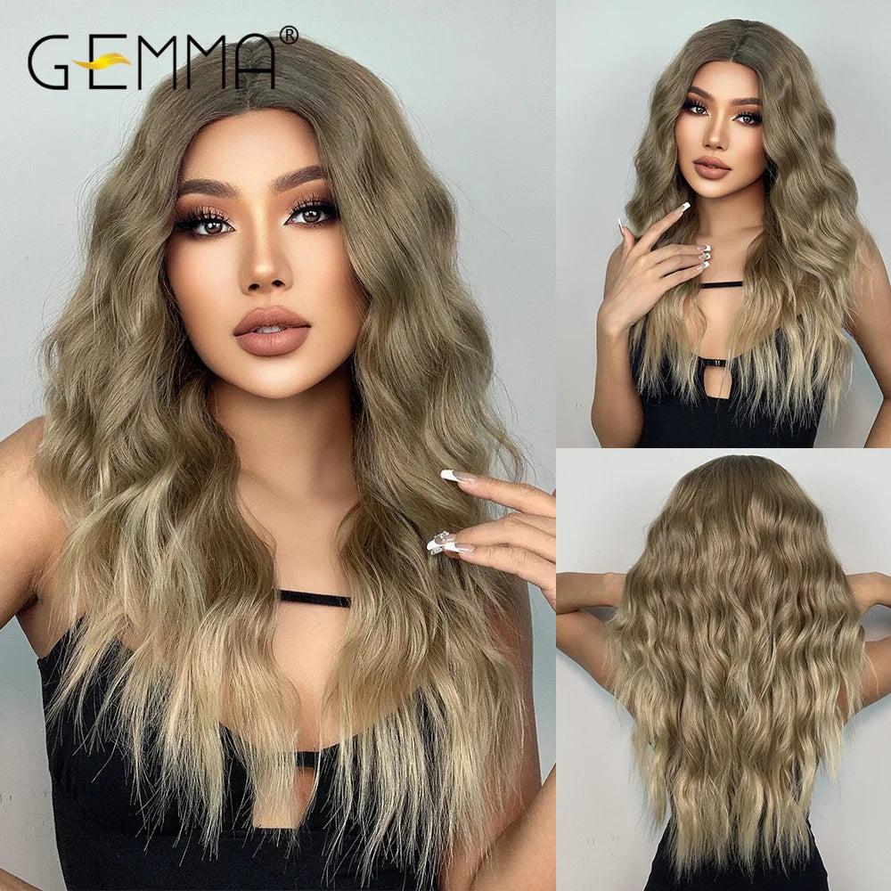 GEMMA Long Wavy Omber Brown Blonde Lace Front Wigs for Women Middle Part Lace Synthetic Wig Heat Resistant Cosplay Daily Hair