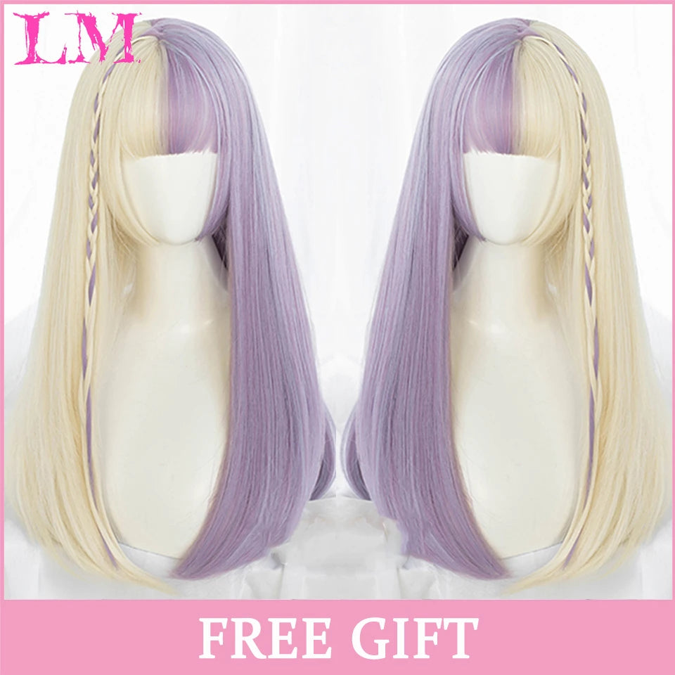 LM White Ombre Black Synthetic Wig for Women Long Curly Wave Wigs with Bangs Cosplay Party Heat Resistant Hair
