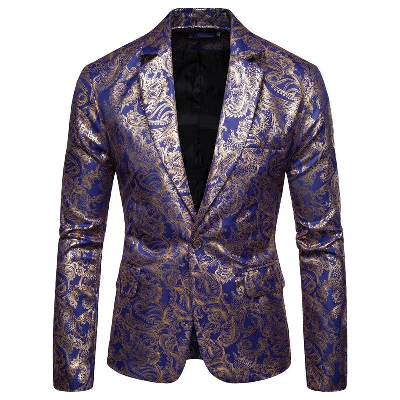 2023 Men's Golden Floral Blazers Business Casual Suit Wedding Dress Gold Blazer Men