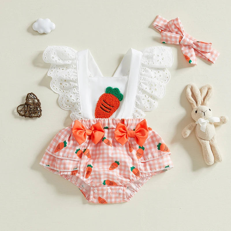 Baby Girl Easter Outfits Hollow Out Flying Sleeveless Square Neck Carrot Print Bodysuit with Bow Headband