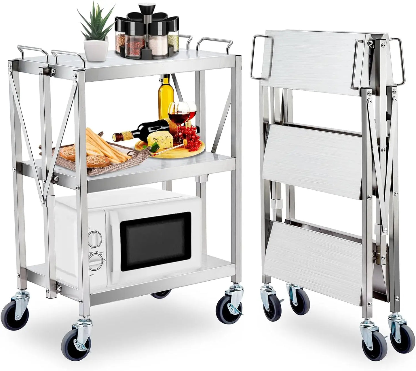 Heavy Duty Folding Utility Cart, Stainless Steel Collapsible Service Cart 133 Lbs Large Loading Per Shelf, 3-Tier Rolling Cart