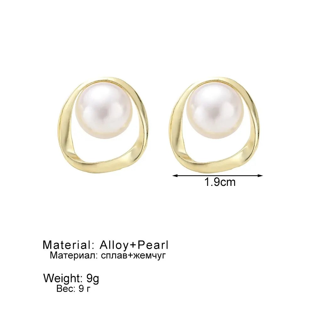Imitation Pearl Earring for Women Gold Color Round Stud Earrings Korean Delicate Irregular Design Unusual Fashion Jewelry