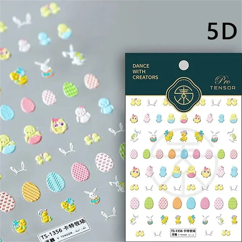 Noble Rococo Bunny Girl Pearl Butterfly Easter Egg Rabbit Soft Relief Self Adhesive 5D Nail Art Decoration Sticker 3D Nail Decal