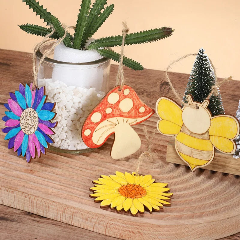 10pcs/set Easter Spring Wooden Ornament Insect Flower Hanging Pendants 2024 Spring Home Decorations DIY Gifts Wrapping Supplies