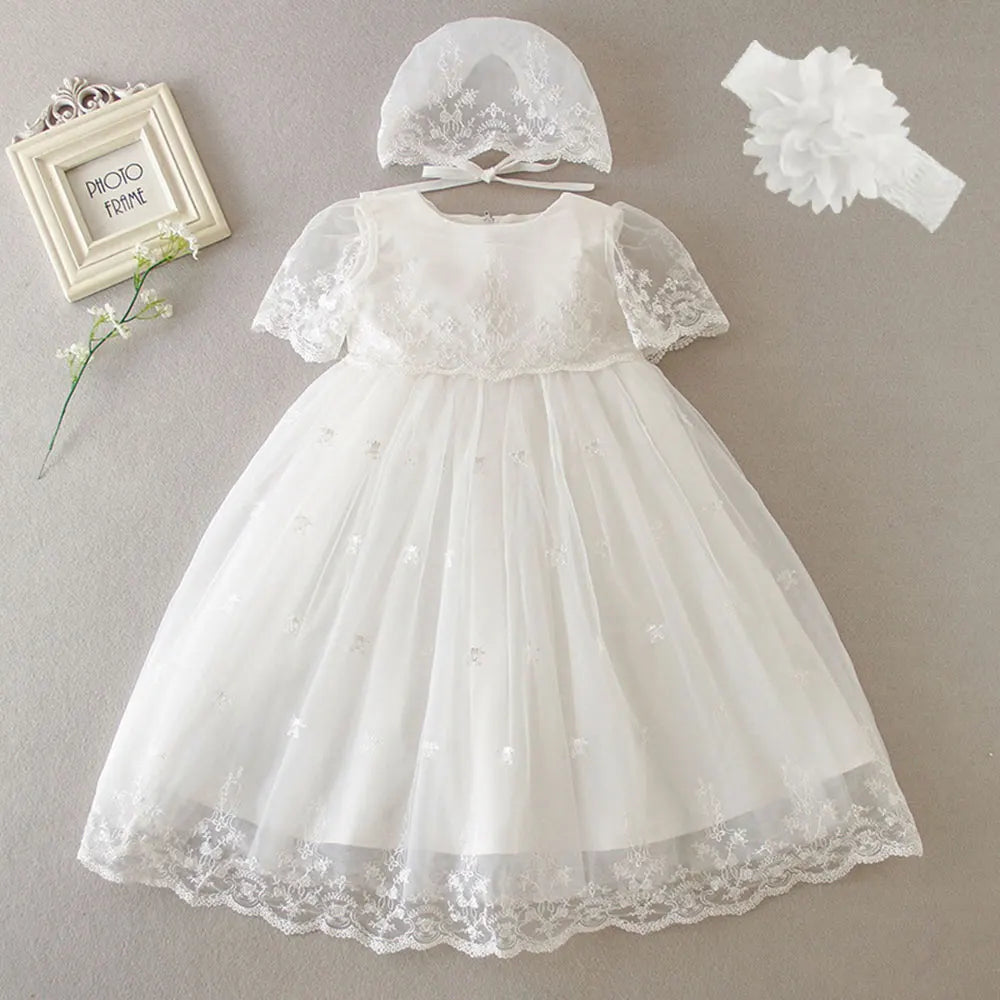 Hetiso White Infant Dress for Baptism Baby Girls Lace Dresses with hat Kids Clothes Christening Birthday Outfits 3-24 Month