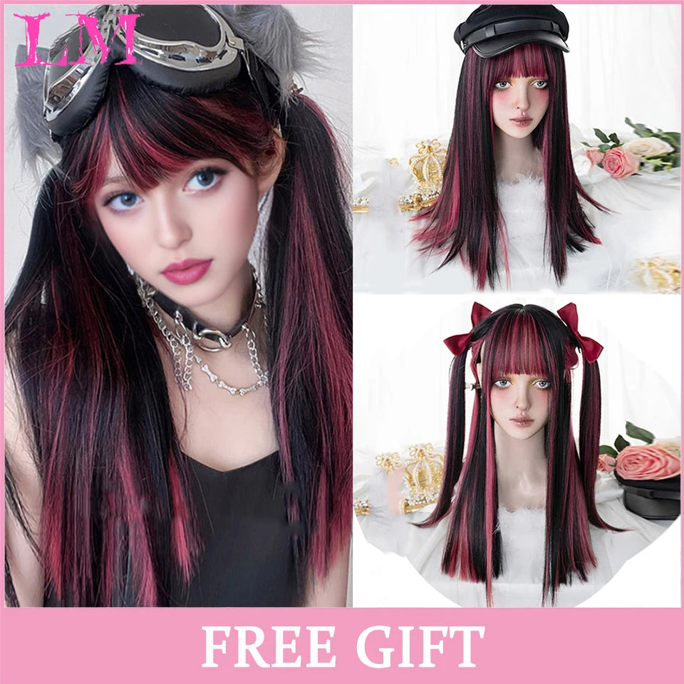 LM White Ombre Black Synthetic Wig for Women Long Curly Wave Wigs with Bangs Cosplay Party Heat Resistant Hair