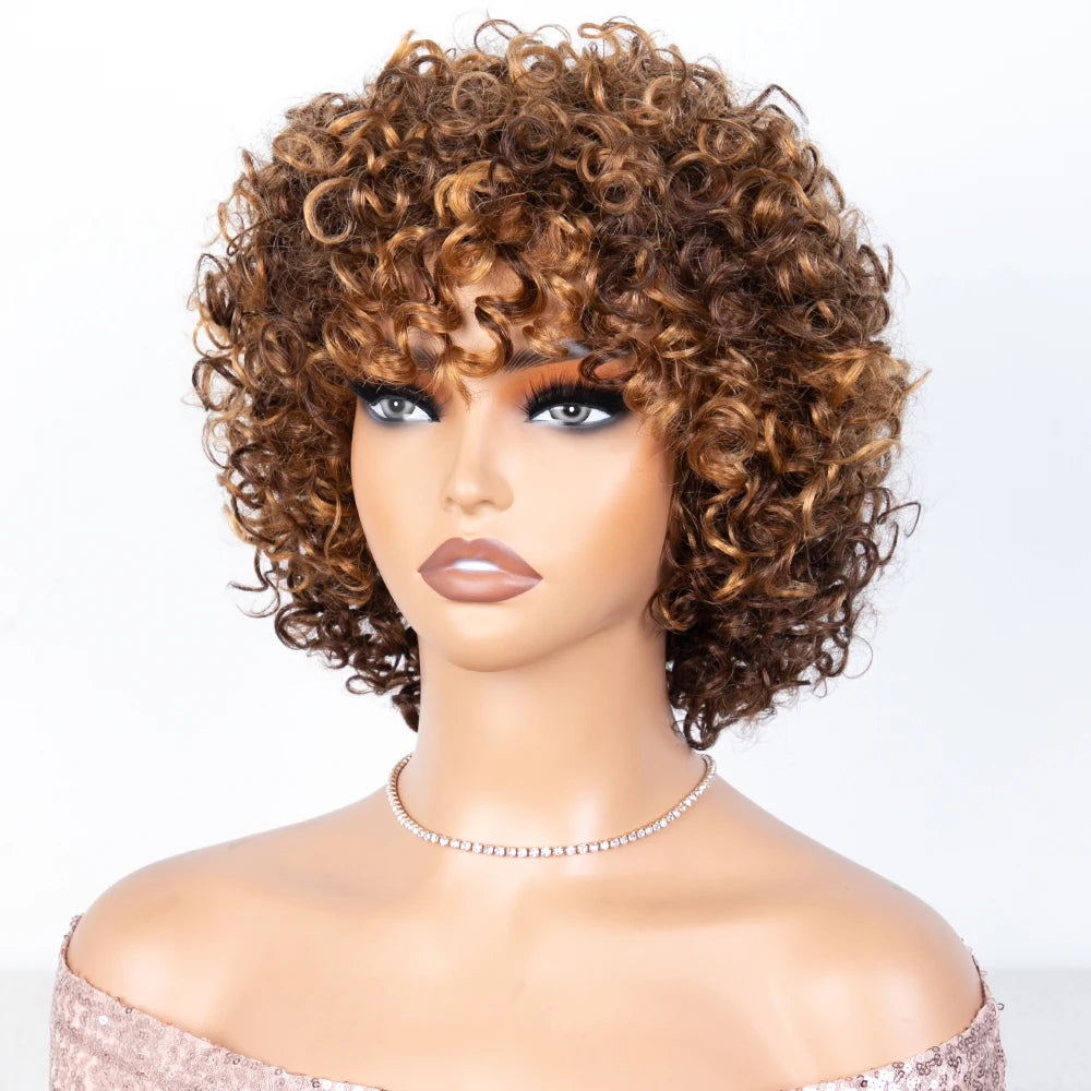 HIghlight Brazilian Kinky Curly Human Hair Lace Wig 8 inch Natural Black Hair Wigs For Women Pixies Short Hair Wig With Babyhair