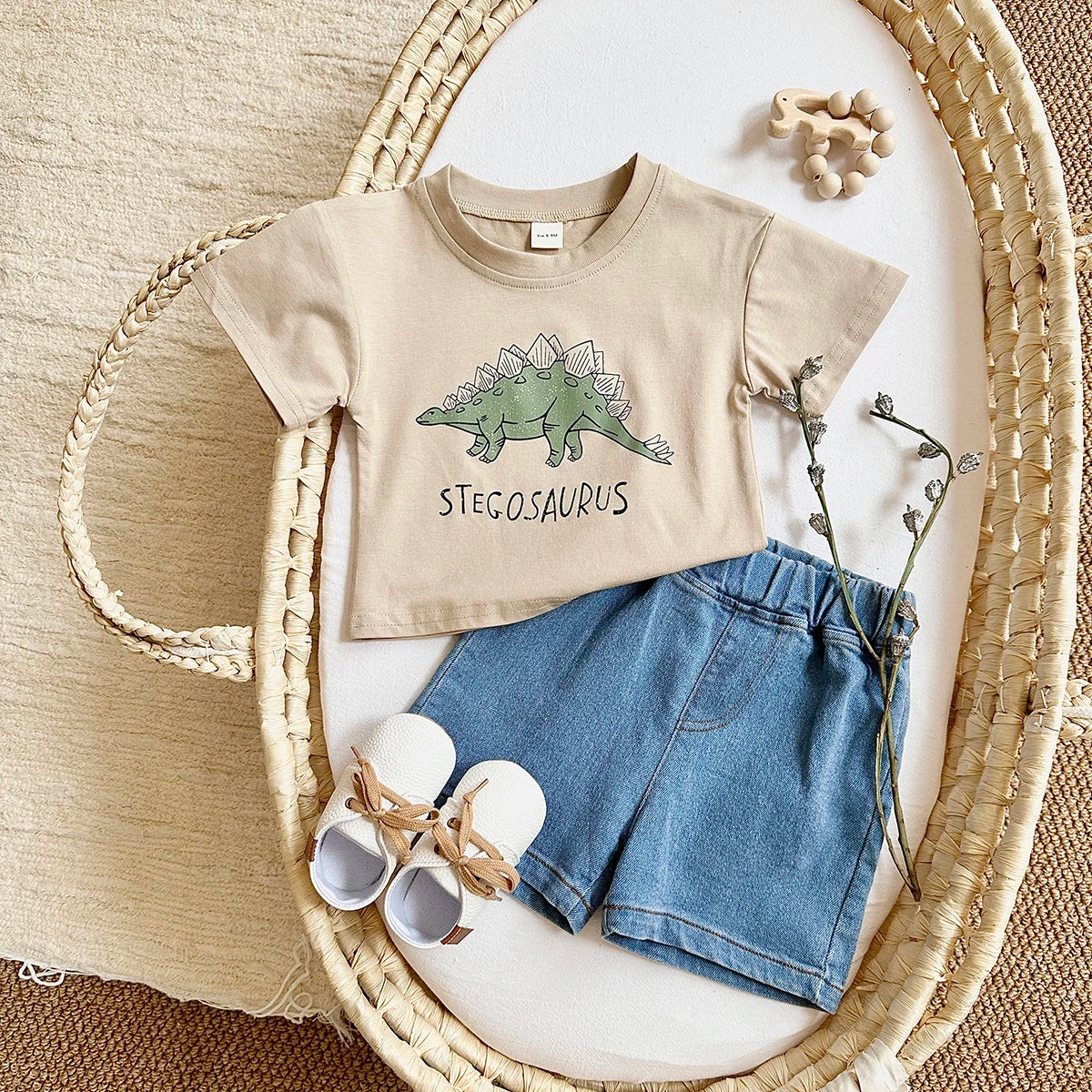 Summer Newborn Baby Boys Clothing Set Dinosaur Print Short Sleeved 2Pcs Casual Denim Shorts Overall Suit Toddler Boys Outfit