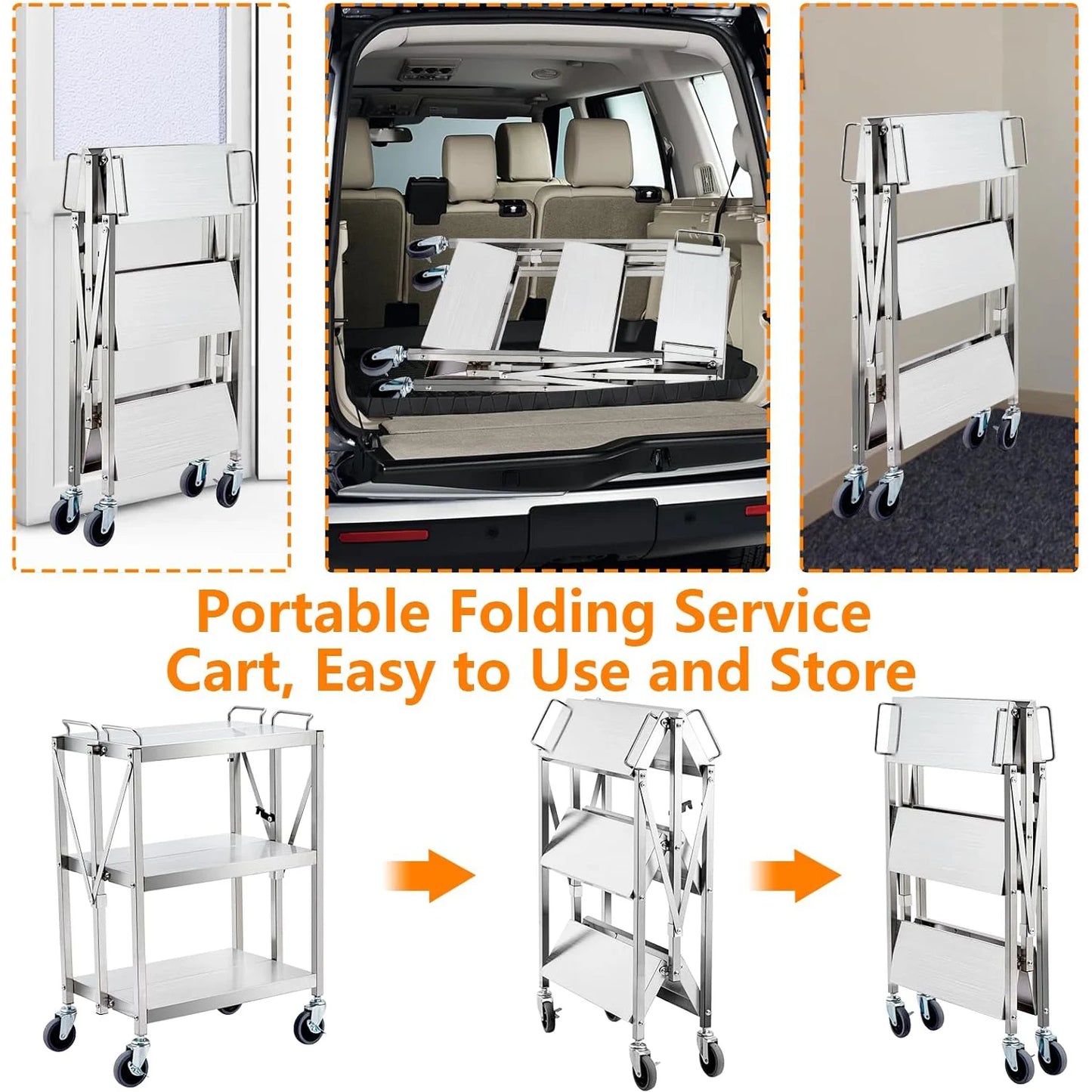 Heavy Duty Folding Utility Cart, Stainless Steel Collapsible Service Cart 133 Lbs Large Loading Per Shelf, 3-Tier Rolling Cart