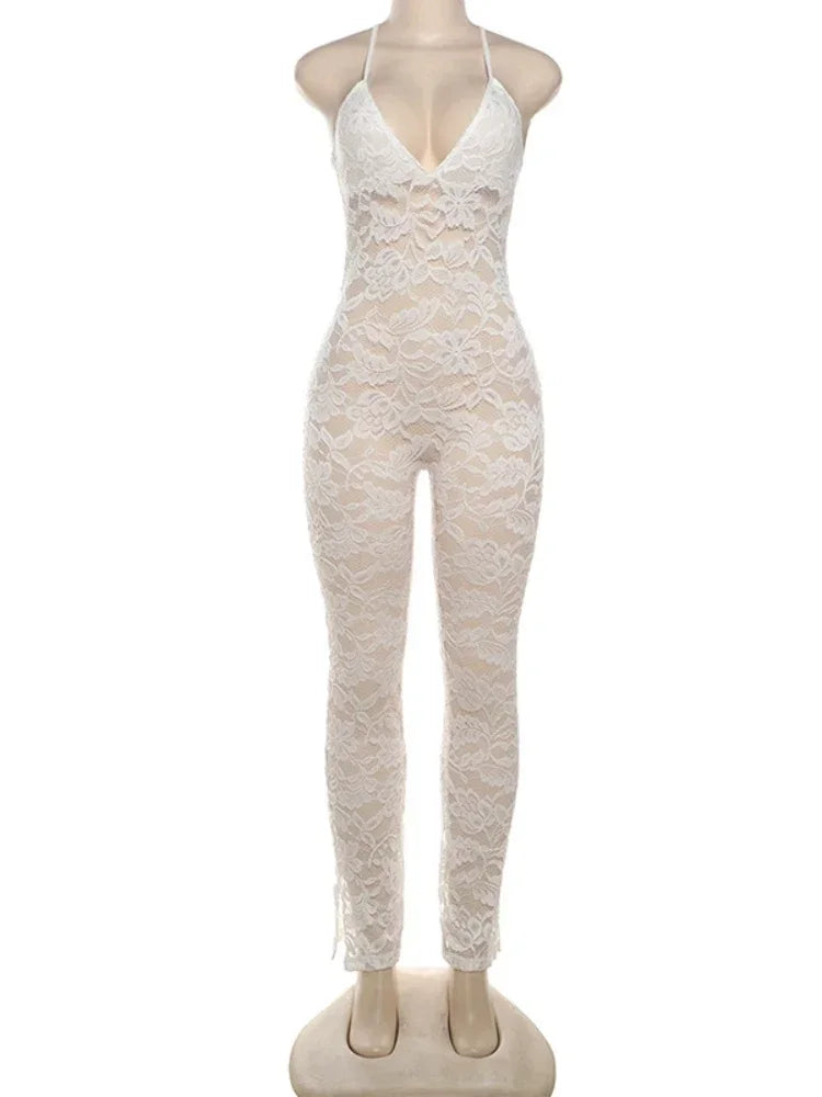 XIZOU Cross Backless Jumpsuit Women Sexy See Thorough v-Neck Sleeveless Summer Coquette Stretch Activity Workout Overalls