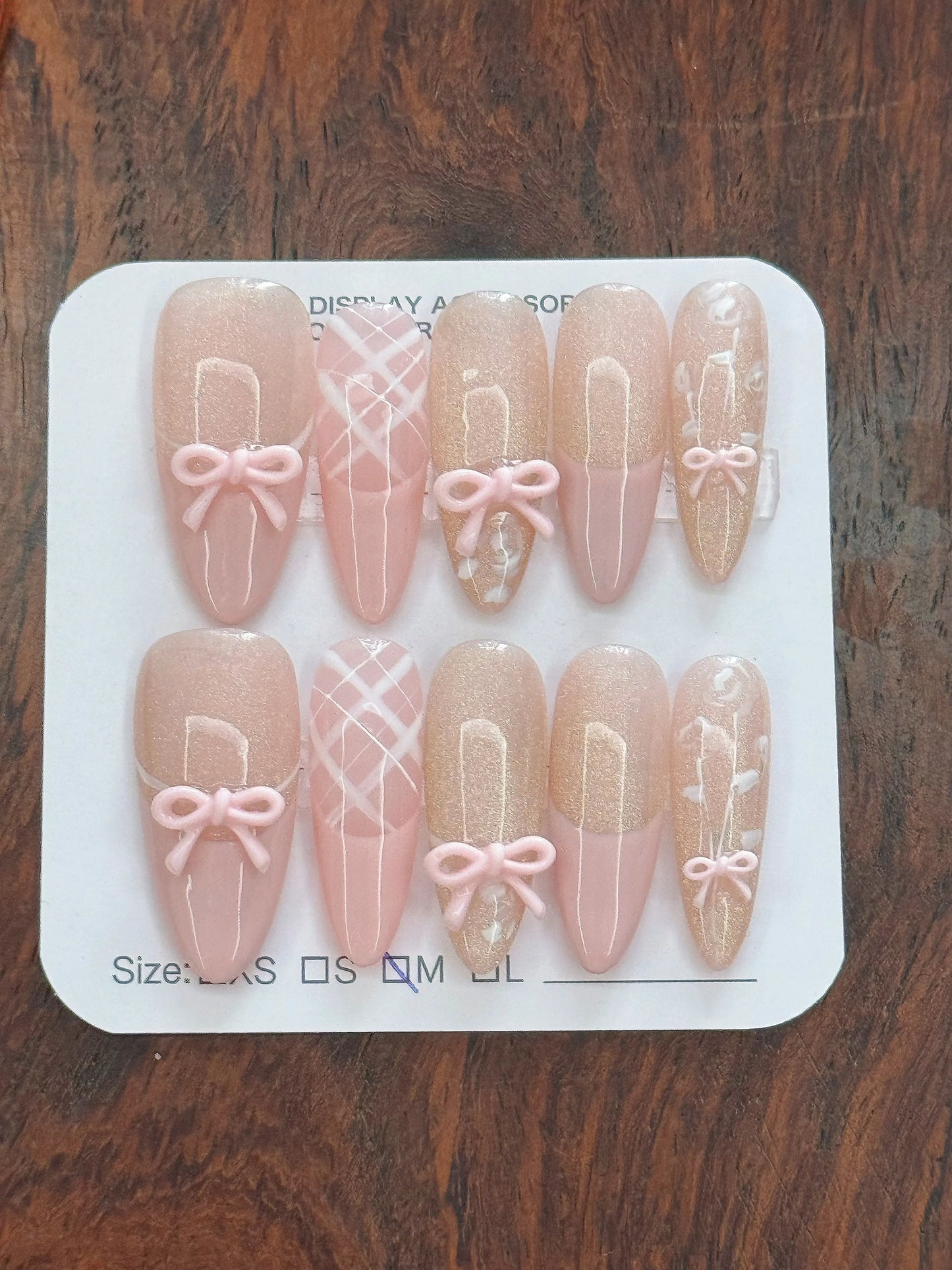 10pcs Handmade Almond Press On Nails Gradient Cat Eye Pink French Fake Nail Bow Design Full Cover Nail Tips Wearable False Nail