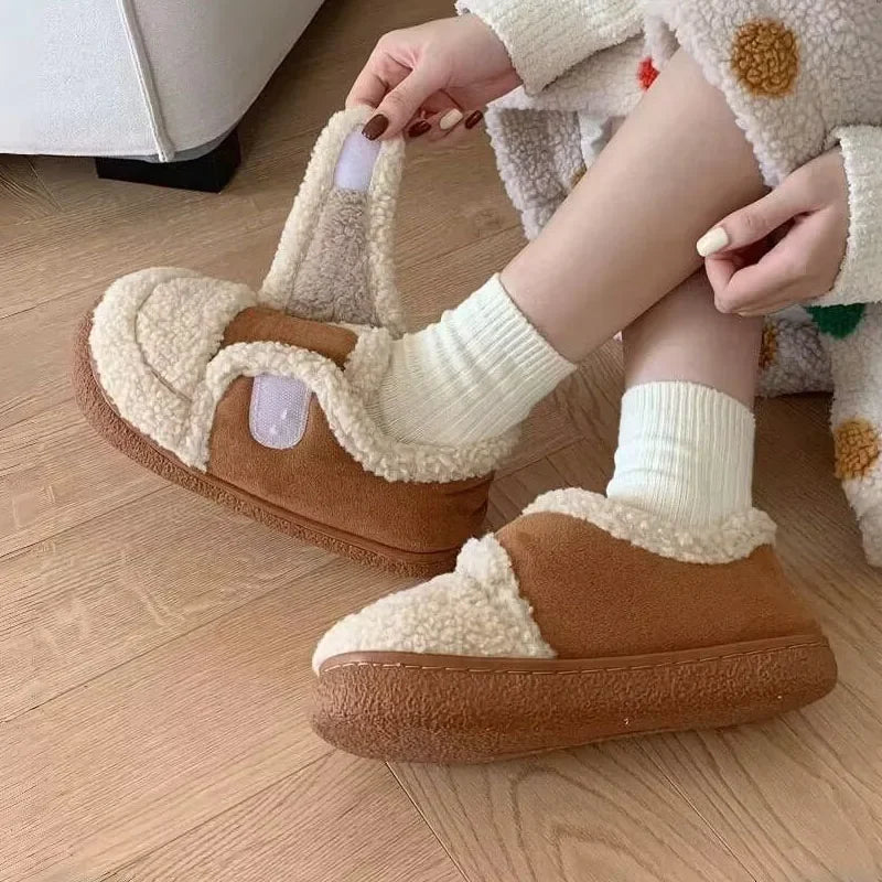 Autumn Winter Women Boots Brown Flannel Plush Warm Home Cotton Shoes Outdoor Platform Snow Boots Soft Sole Household Slippers