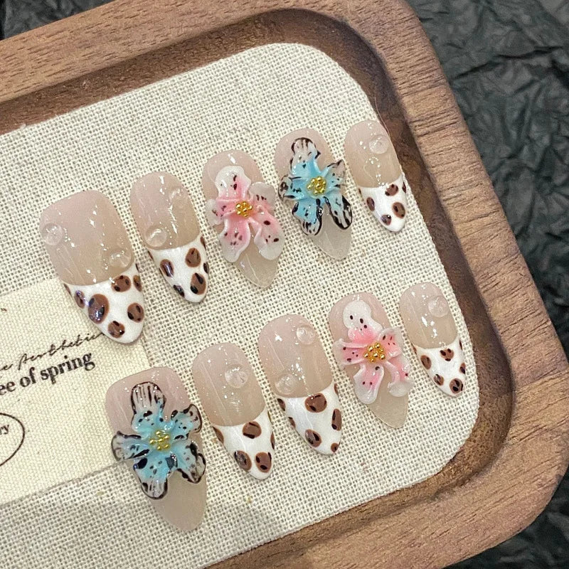 10Pcs French Almond Handmade Press on Nails Bowknot Fake Nails Wearable Stick-on Nails False Nail Накладные Ногти Faux Ongles