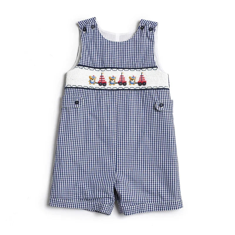 2024 Baby Summer Clothes Boy Embroidery Suspenders Pants Children Plaid Leisure Suit Infants Smocked Clothing Kids Outfits