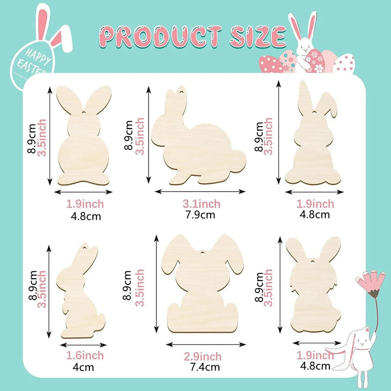 6/12Pcs Easter Wooden Bunny Pendants Blank Rabbit Wood Chips Kids Easter Party DIY Painting Crafts Gift Home Hanging Decoration