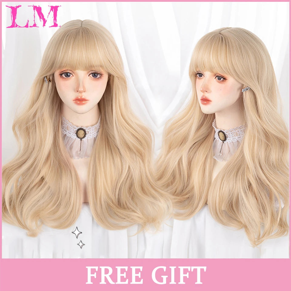LM White Ombre Black Synthetic Wig for Women Long Curly Wave Wigs with Bangs Cosplay Party Heat Resistant Hair