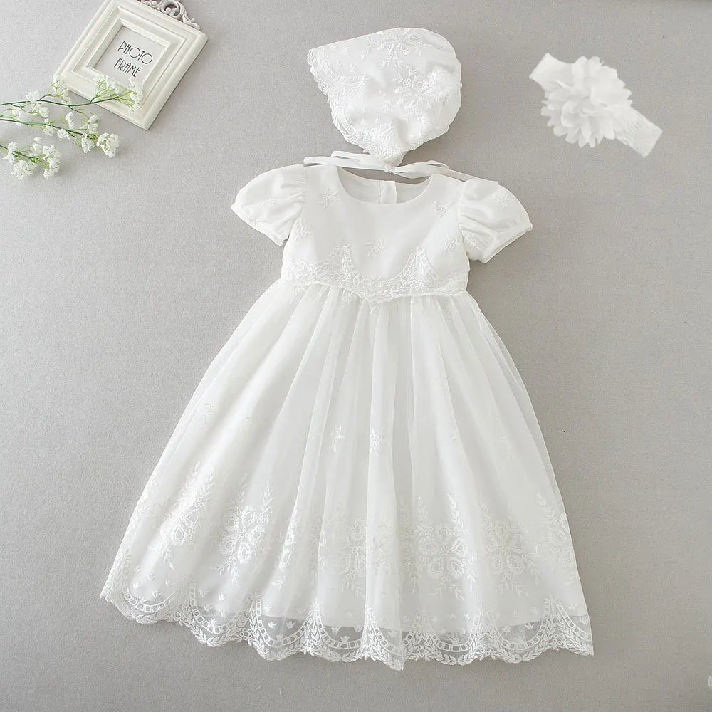 Hetiso White Infant Dress for Baptism Baby Girls Lace Dresses with hat Kids Clothes Christening Birthday Outfits 3-24 Month