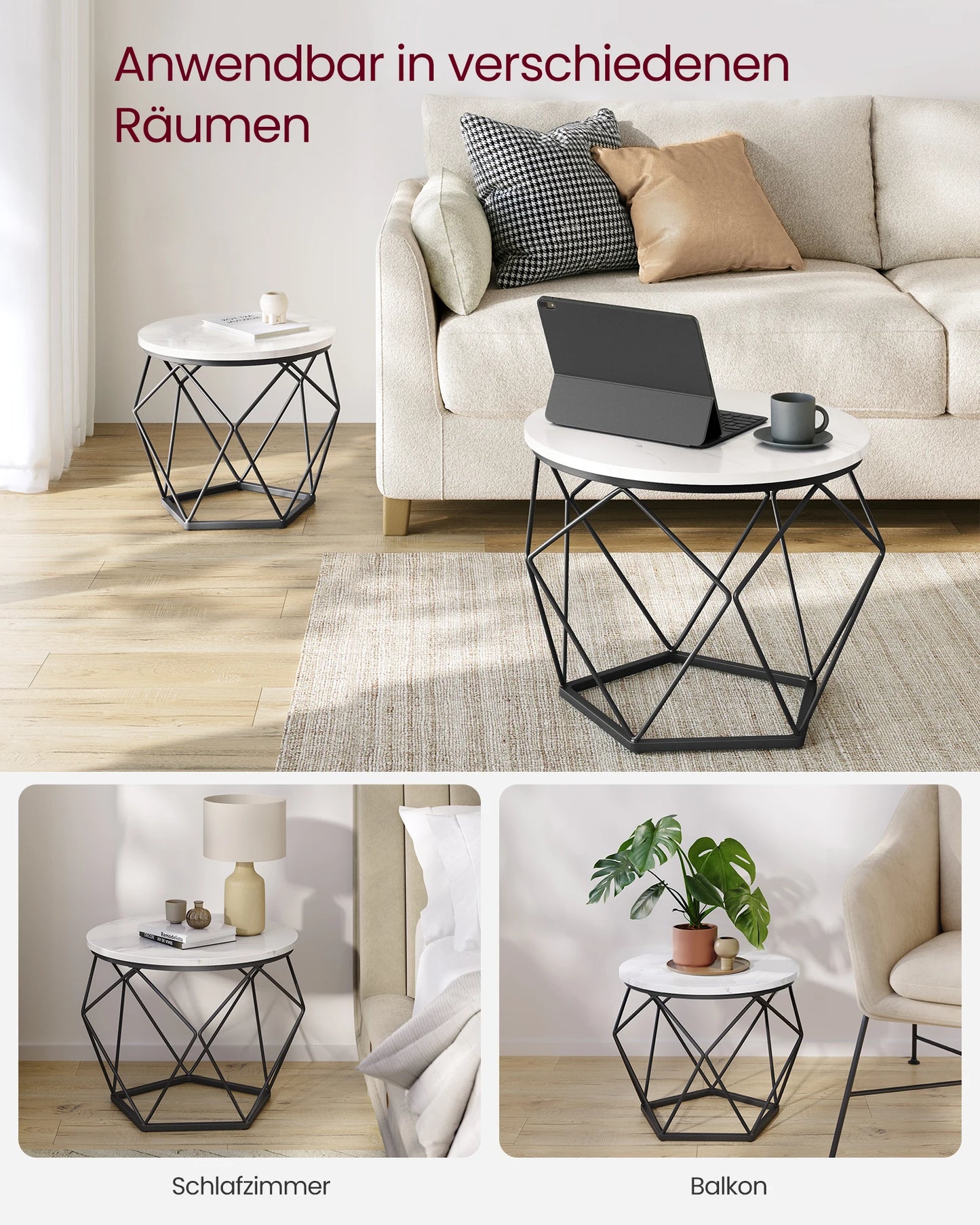 VASAGLE coffee table round set of 2 living room table side table modern removable table top for living room