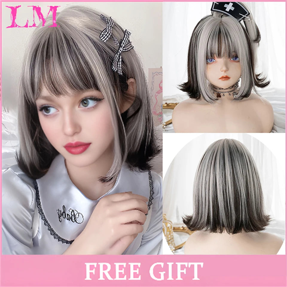 LM White Ombre Black Synthetic Wig for Women Long Curly Wave Wigs with Bangs Cosplay Party Heat Resistant Hair