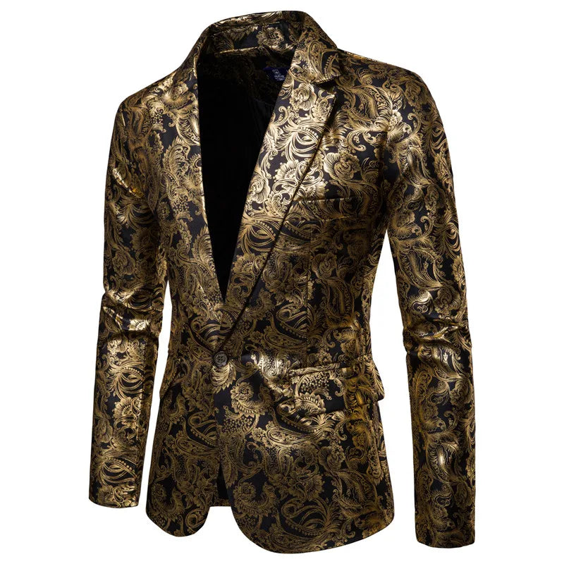 2023 Men's Golden Floral Blazers Business Casual Suit Wedding Dress Gold Blazer Men