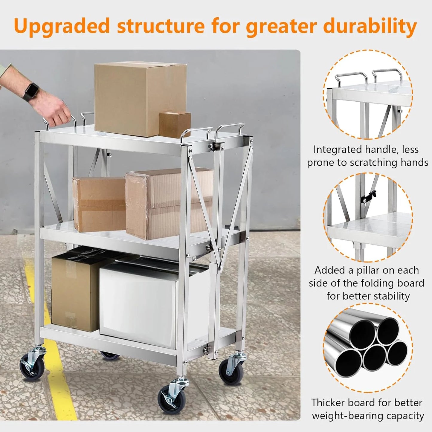Heavy Duty Folding Utility Cart, Stainless Steel Collapsible Service Cart 133 Lbs Large Loading Per Shelf, 3-Tier Rolling Cart