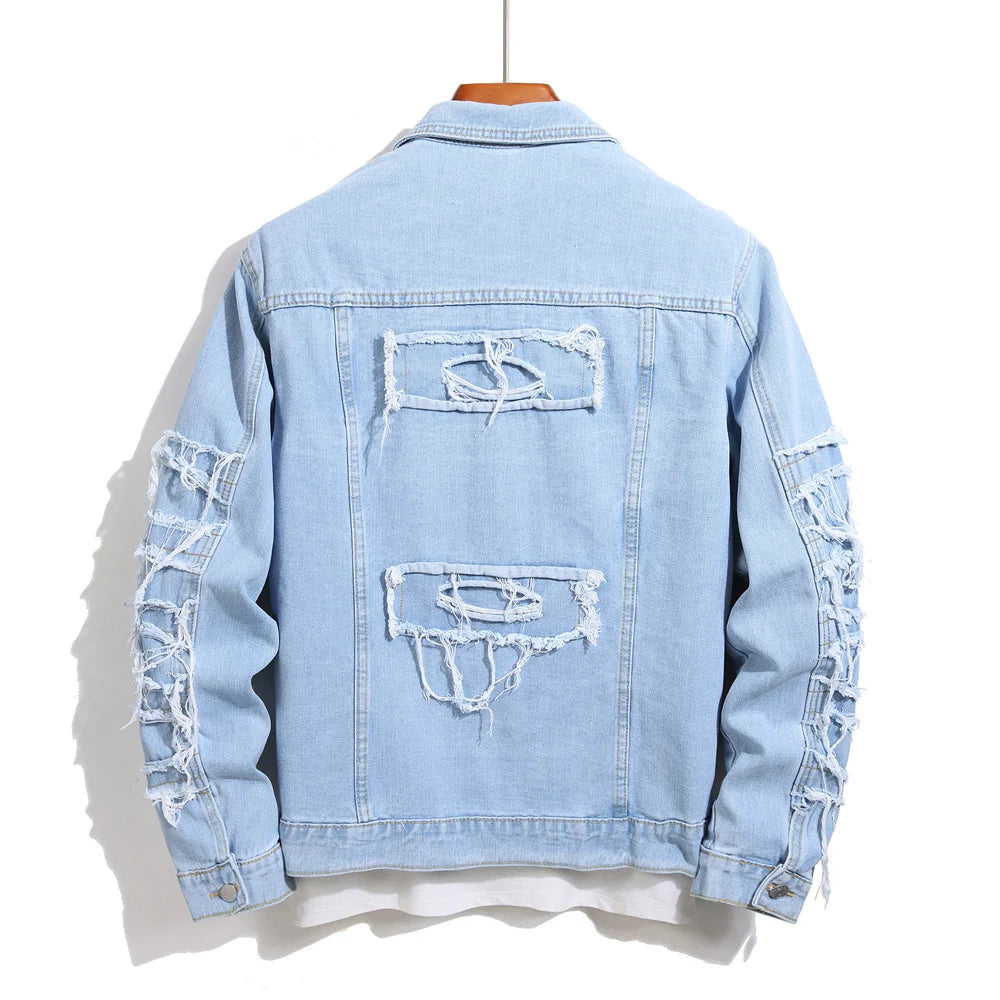 Stylish Street Men Distressed Stacked Splicing Slim Denim Jacket Ripped Male Casual Jean Jacket Coat