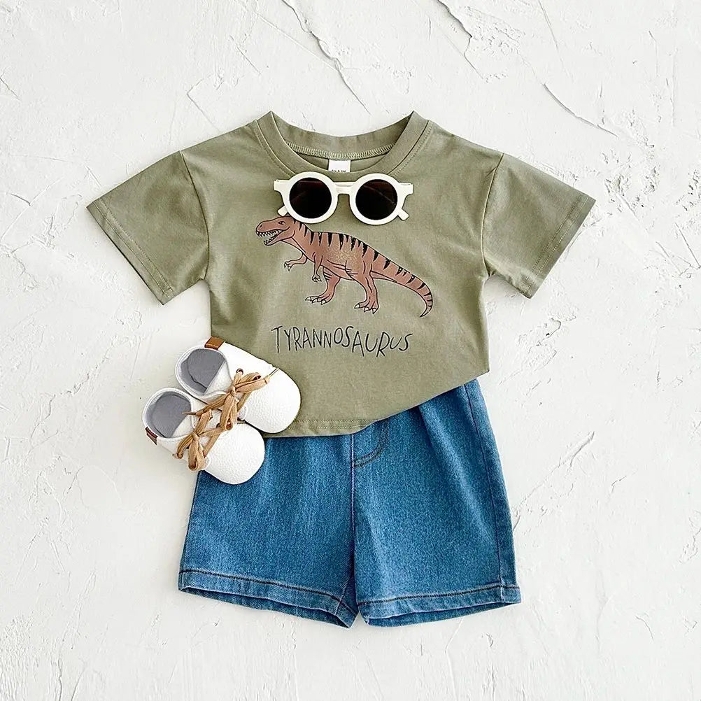 Summer Newborn Baby Boys Clothing Set Dinosaur Print Short Sleeved 2Pcs Casual Denim Shorts Overall Suit Toddler Boys Outfit