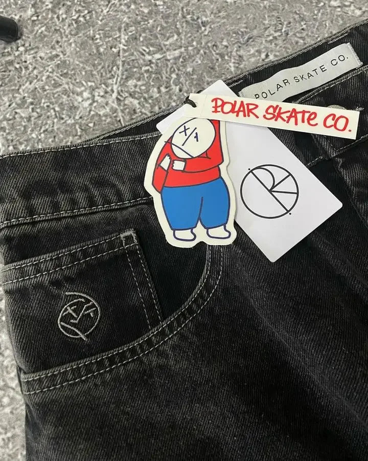 Harajuku Gothic Streetwear Polar Big Boy Jeans Japanese Hip Hop Cartoon Embroidery Baggy Jean Black Pant High Waisd Wide Trouser