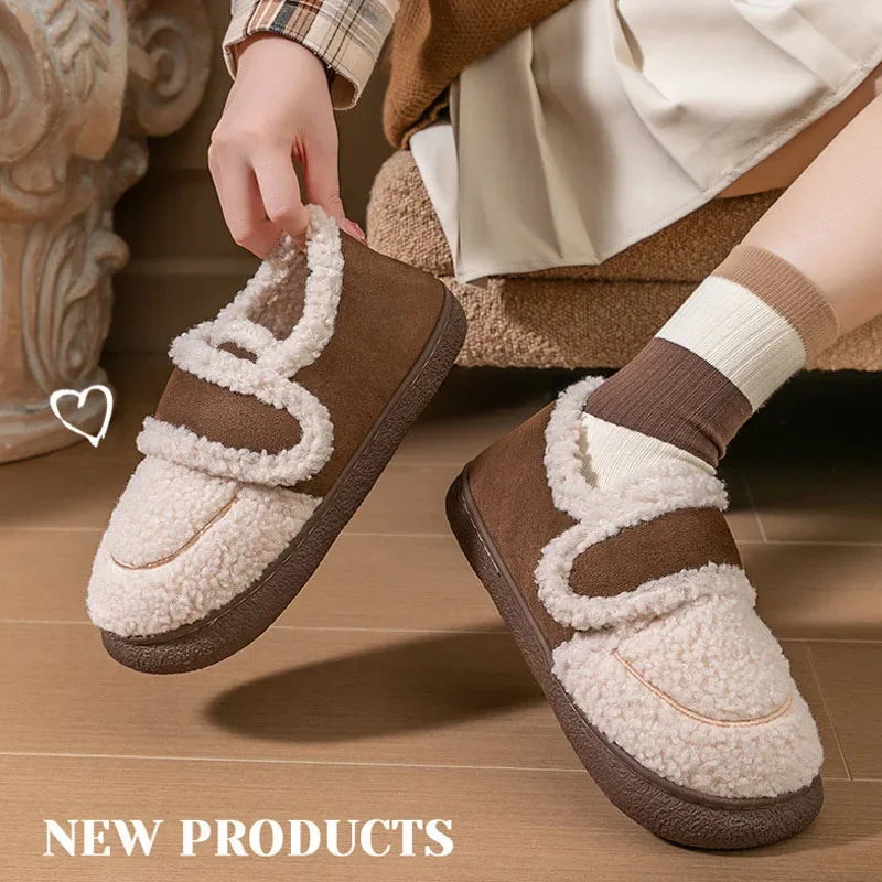 Autumn Winter Women Boots Brown Flannel Plush Warm Home Cotton Shoes Outdoor Platform Snow Boots Soft Sole Household Slippers