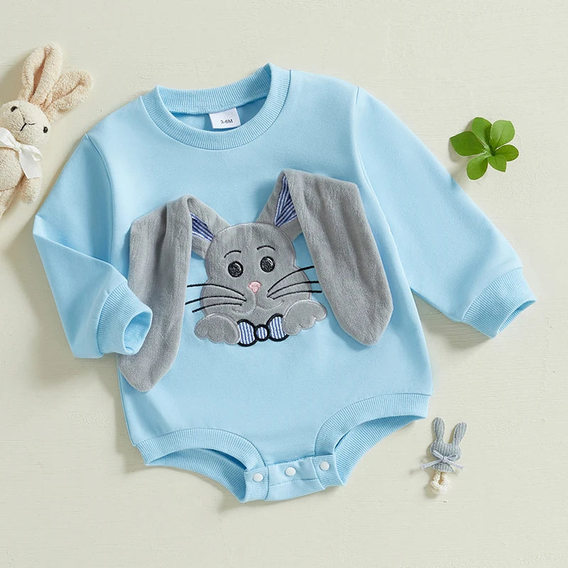 Baby Girl Easter Floral Romper with Bunny Ear Headband Set Spring Outfit Toddler Jumpsuit Clothes Embroidery Detail