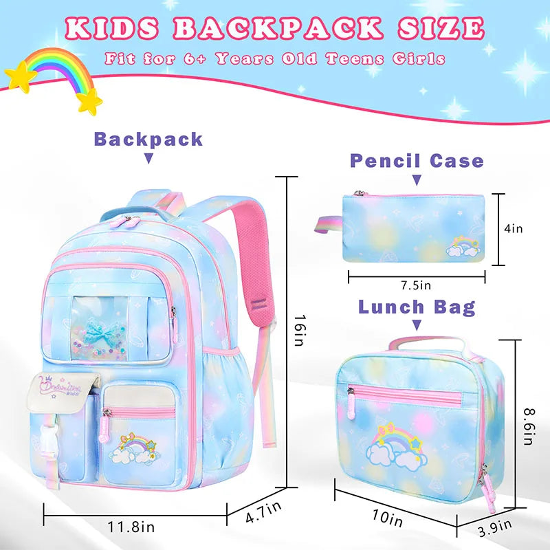 3Pcs Kid's Backpacks Girls School Backpack with Lunch Pencil Bag Cute Travel School Bookbag Christmas Kids Gift