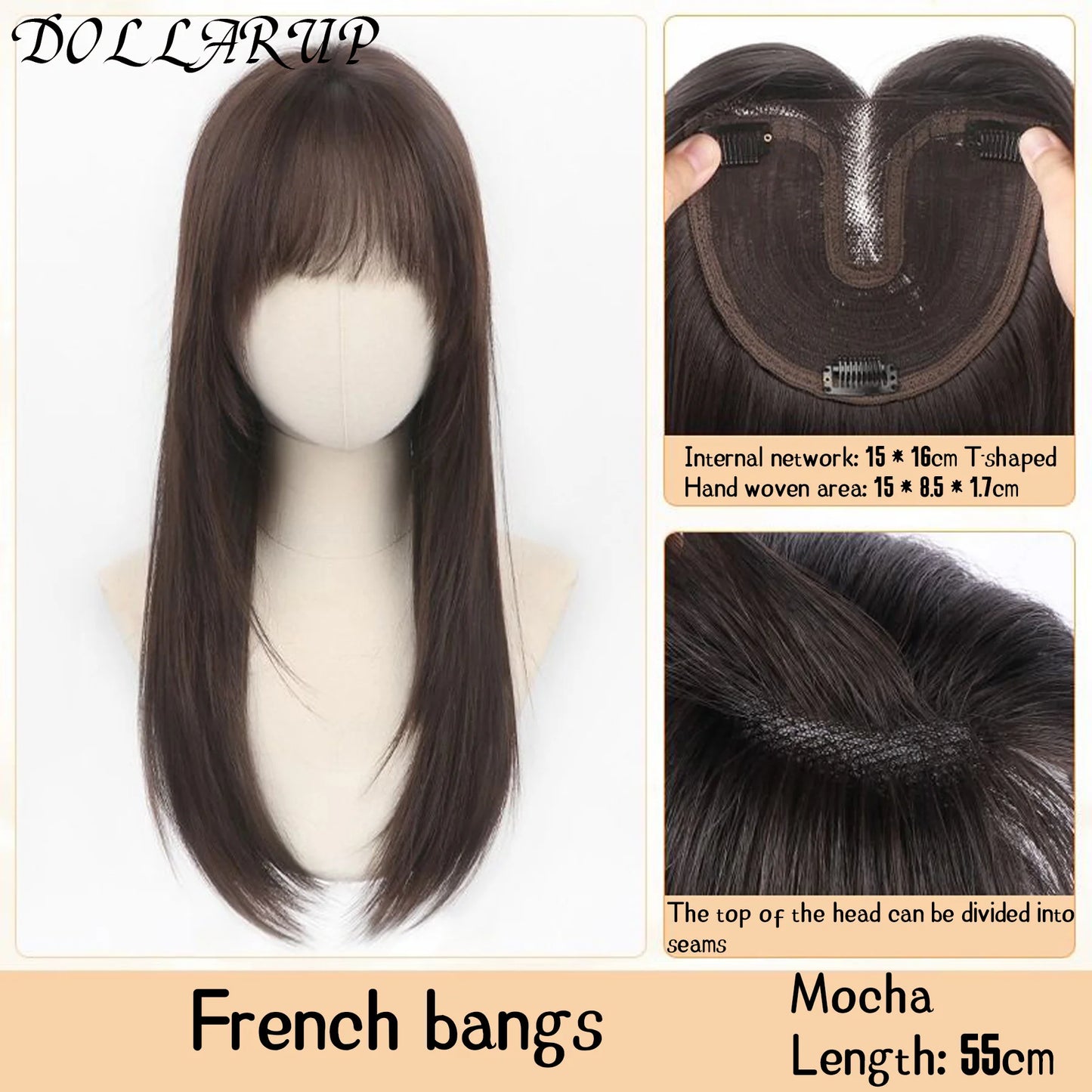 DOLLARUP Hair Toppers with Bangs for Women Synthetic 12.5x12.5 Top Hairpieces Wigs Long Striaght Clip in Hair Extension