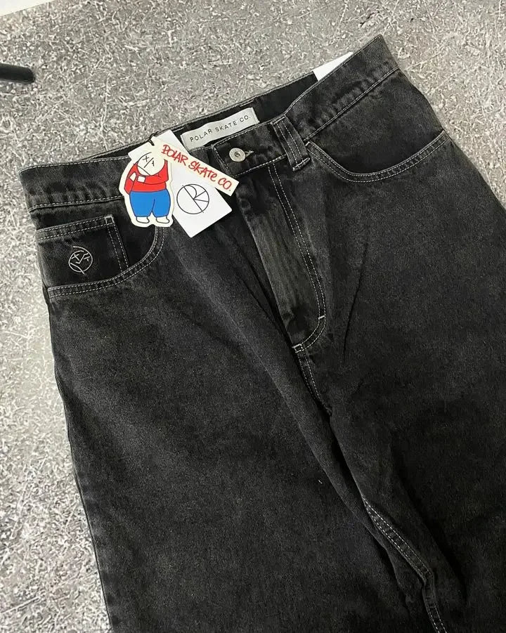 Harajuku Gothic Streetwear Polar Big Boy Jeans Japanese Hip Hop Cartoon Embroidery Baggy Jean Black Pant High Waisd Wide Trouser