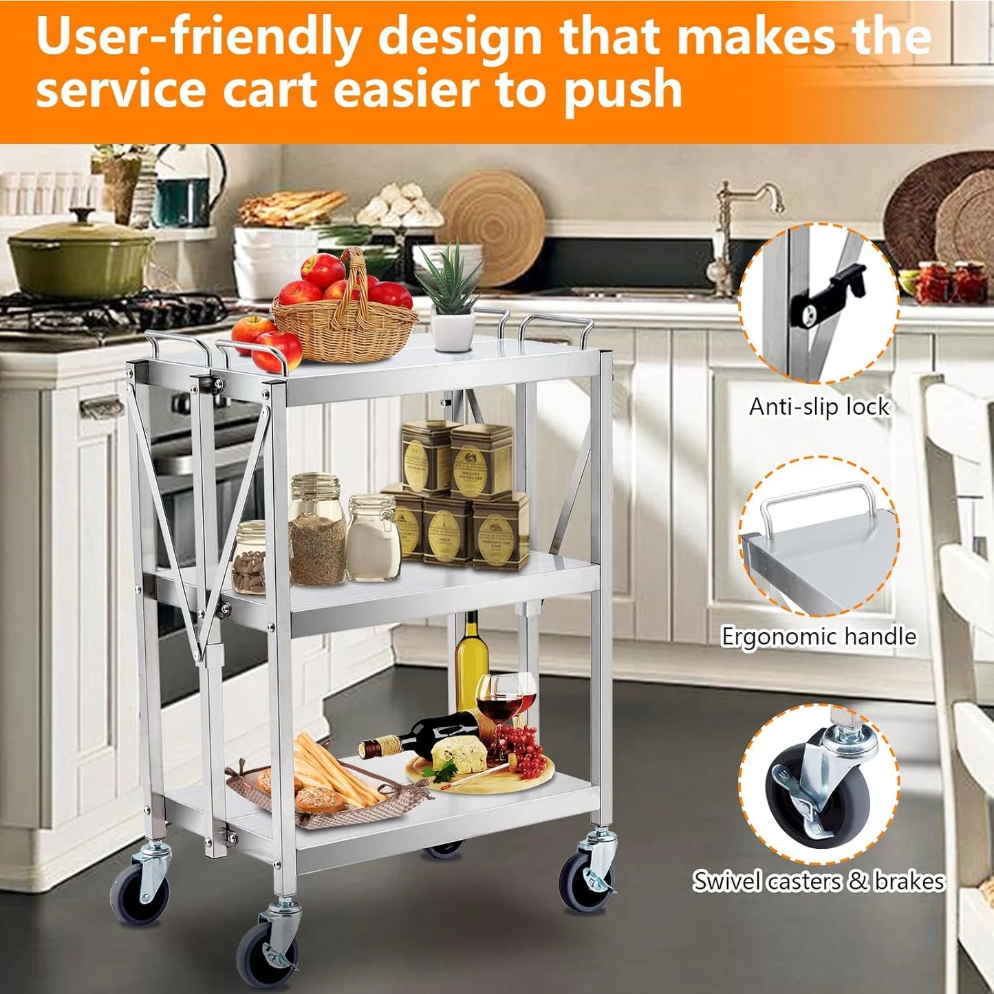 Heavy Duty Folding Utility Cart, Stainless Steel Collapsible Service Cart 133 Lbs Large Loading Per Shelf, 3-Tier Rolling Cart