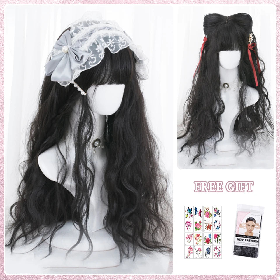 LM White Ombre Black Synthetic Wig for Women Long Curly Wave Wigs with Bangs Cosplay Party Heat Resistant Hair