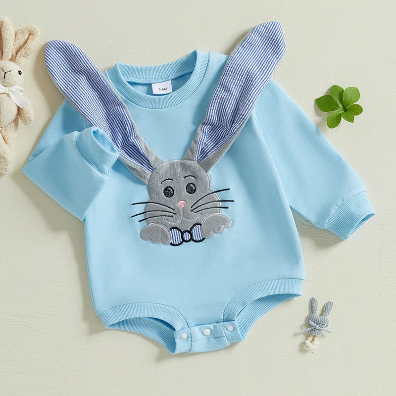 Baby Girl Easter Floral Romper with Bunny Ear Headband Set Spring Outfit Toddler Jumpsuit Clothes Embroidery Detail