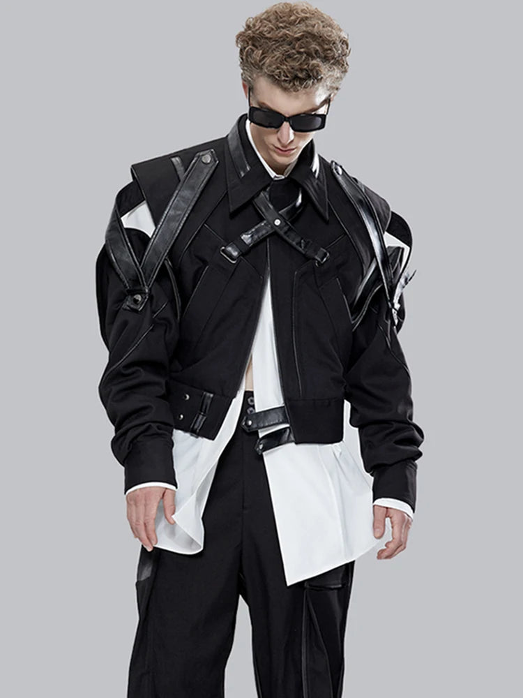 Mauroicardi Spring Autumn Short Patchwork Leather Jackets for Men Long Sleeve Runway Cool Luxury Designer Clothes Fashion 2022