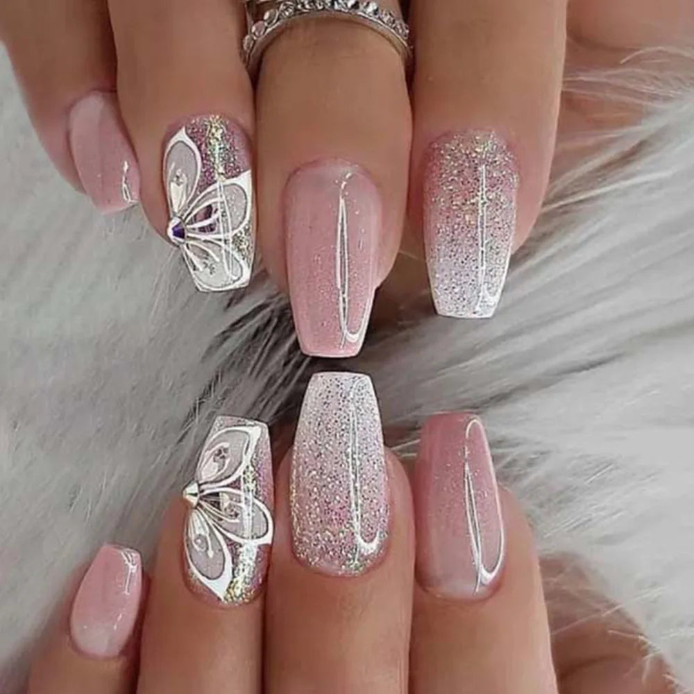 24Pcs Glossy Short Ballerina Press On Nails Pink Glitter Style False Nails With Rhinestone Shiny Artificial Reusable Fake Nails
