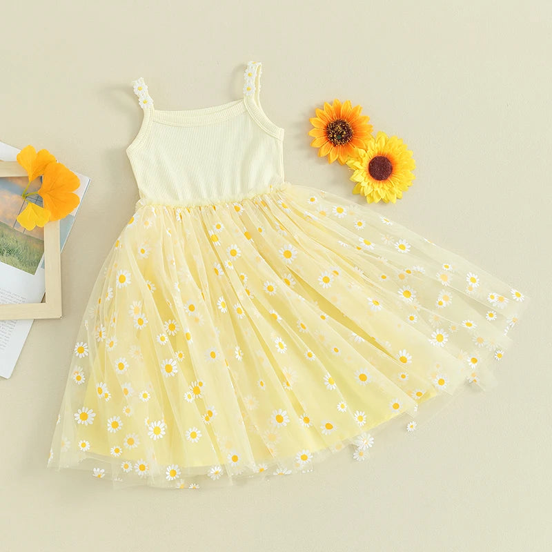 0-4Y Baby Girls Summer Dress Sling Sleeveless Daisy Print Mesh A-Line Princess Dress for Beach Party Kids Clothes