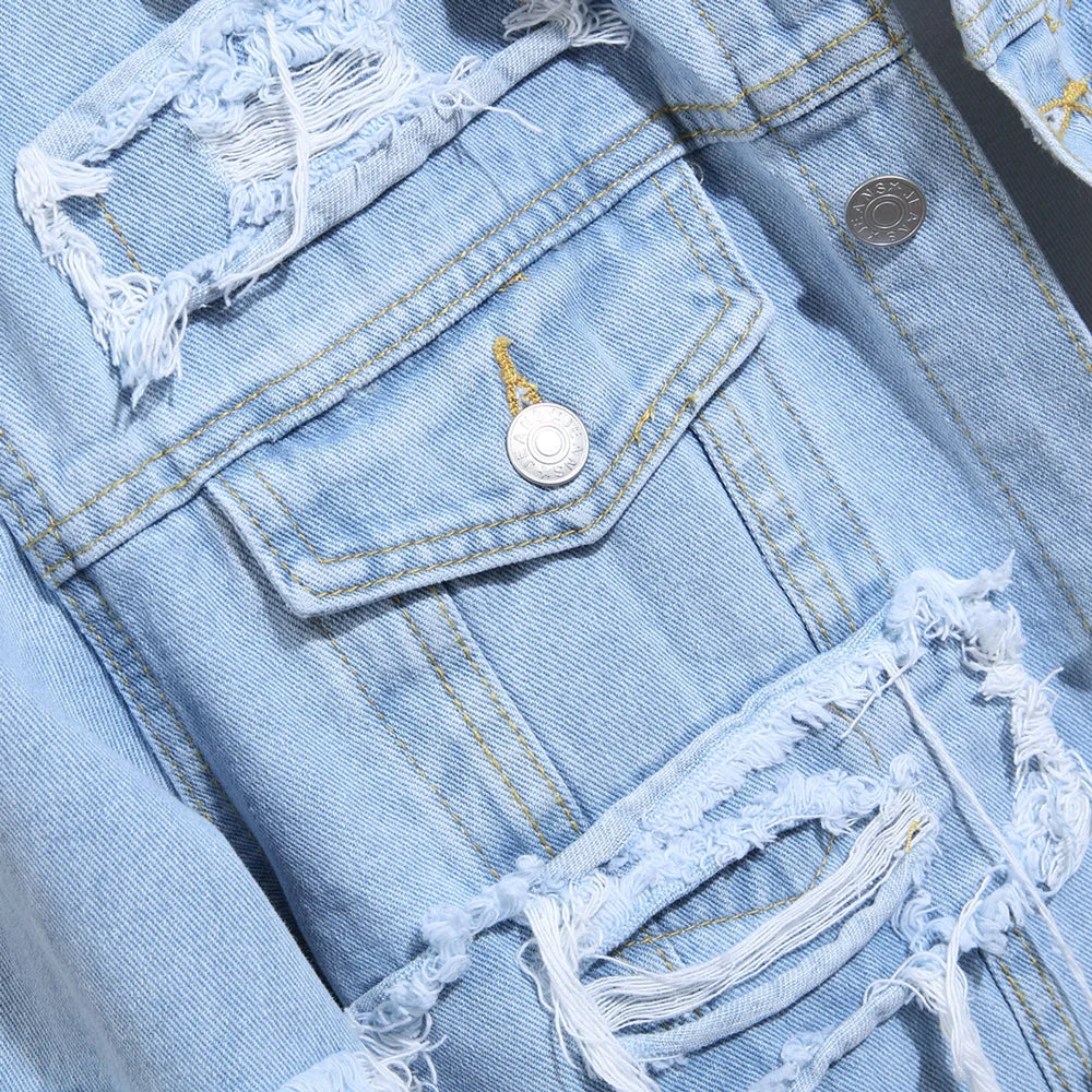 Stylish Street Men Distressed Stacked Splicing Slim Denim Jacket Ripped Male Casual Jean Jacket Coat