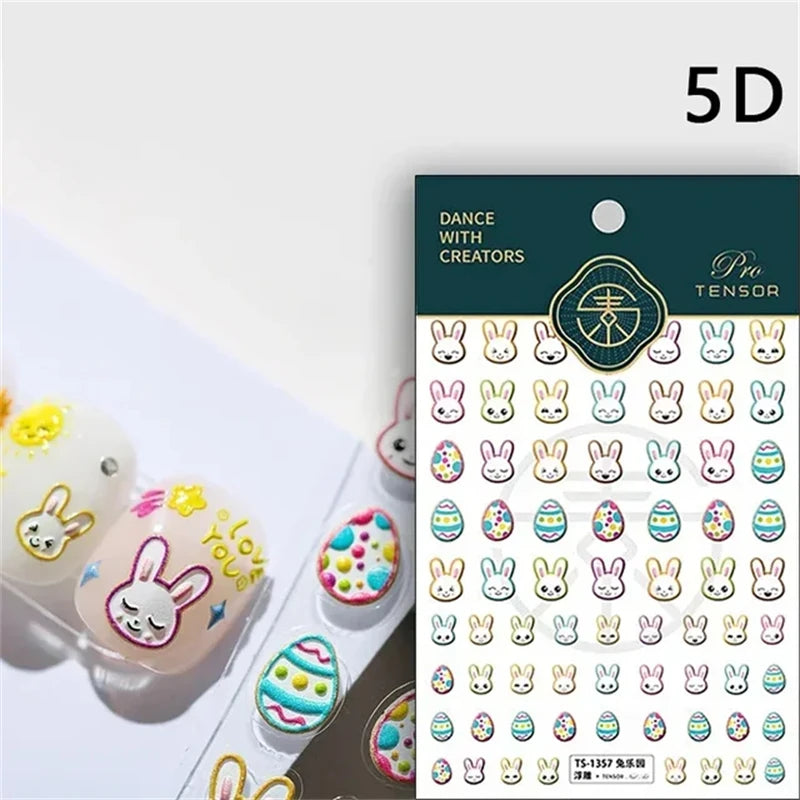 Noble Rococo Bunny Girl Pearl Butterfly Easter Egg Rabbit Soft Relief Self Adhesive 5D Nail Art Decoration Sticker 3D Nail Decal