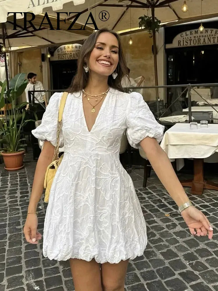 TRAFZA Women Elegant White Dress Short Sleeve V Neck Embroidered Mini Dresses 2024 Summer Female Casual Streetwear Vestidos TRAF