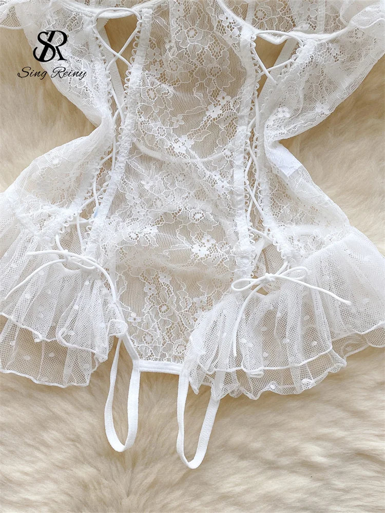 SINGREINY Lace Camis Open crotch Erotic Bodysuits Hollow Out Transparent Slim Playsuits Women Sexy Lingerie Sheer Porno Rompers