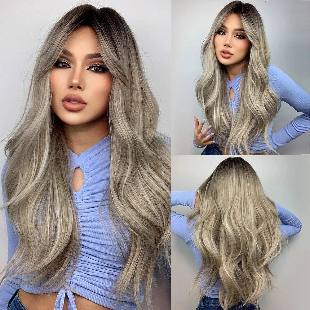 Blonde Ombre Synthetic Wigs with Long Bangs Long Curly Wavy Natural Hair Wigs for Afro Women Daily Party Heat Resistant