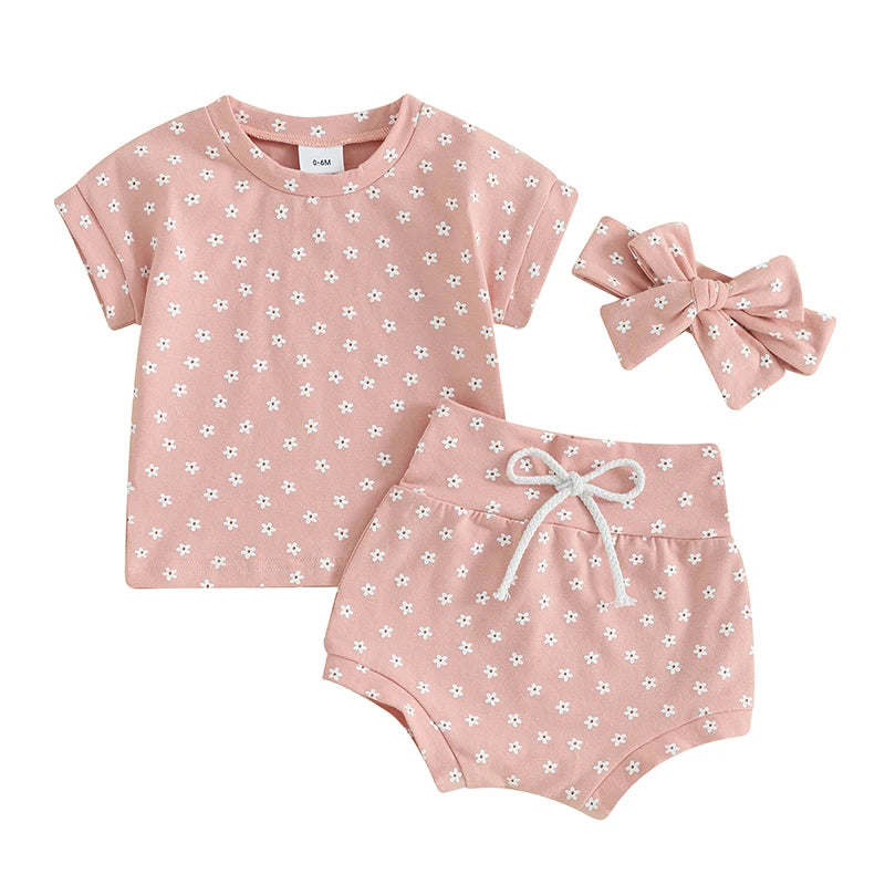 Suefunskry Baby Girl Summer Casual Clothes Flower Print Short Sleeve Round Neck T-Shirt with Shorts and Headband Outfit