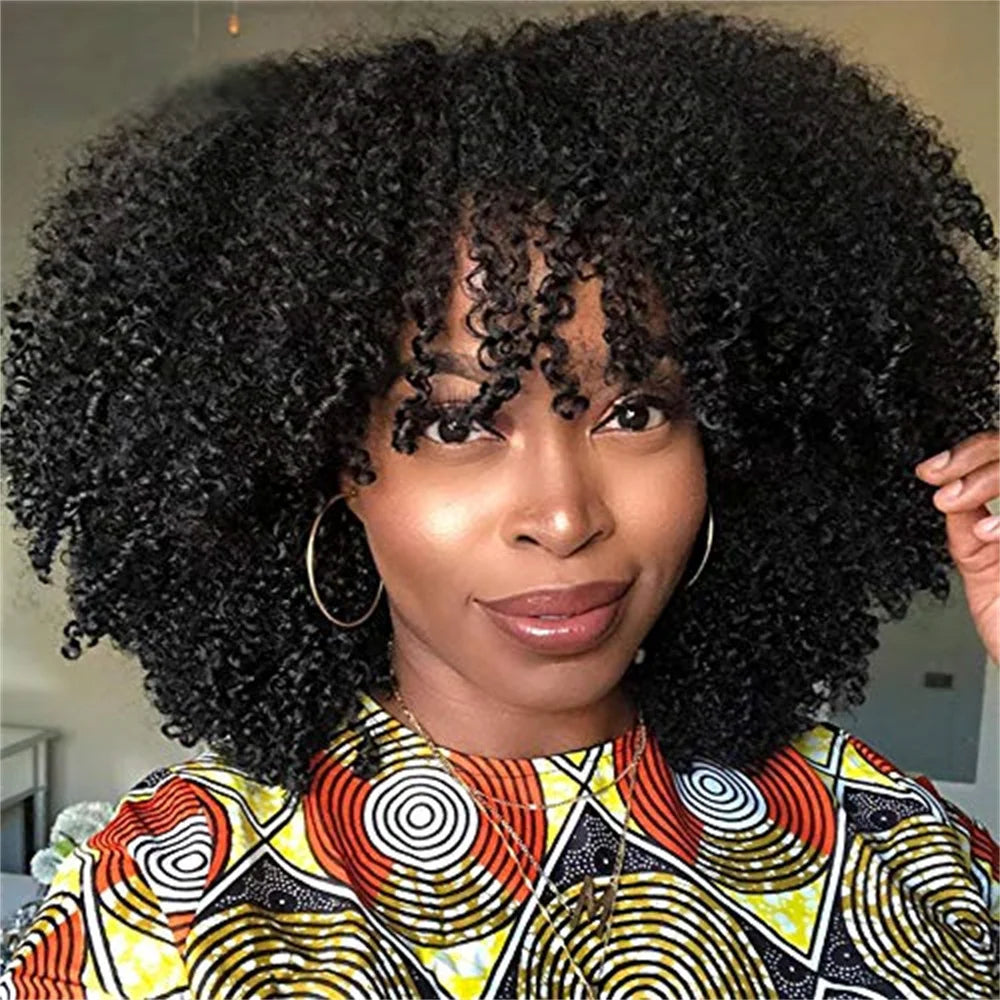 Afro Kinky Curly Wigs With Bangs Full Machine Made Wigs Short Curly Wigs For Black Women 100% Human Hair Wigs 180% Density