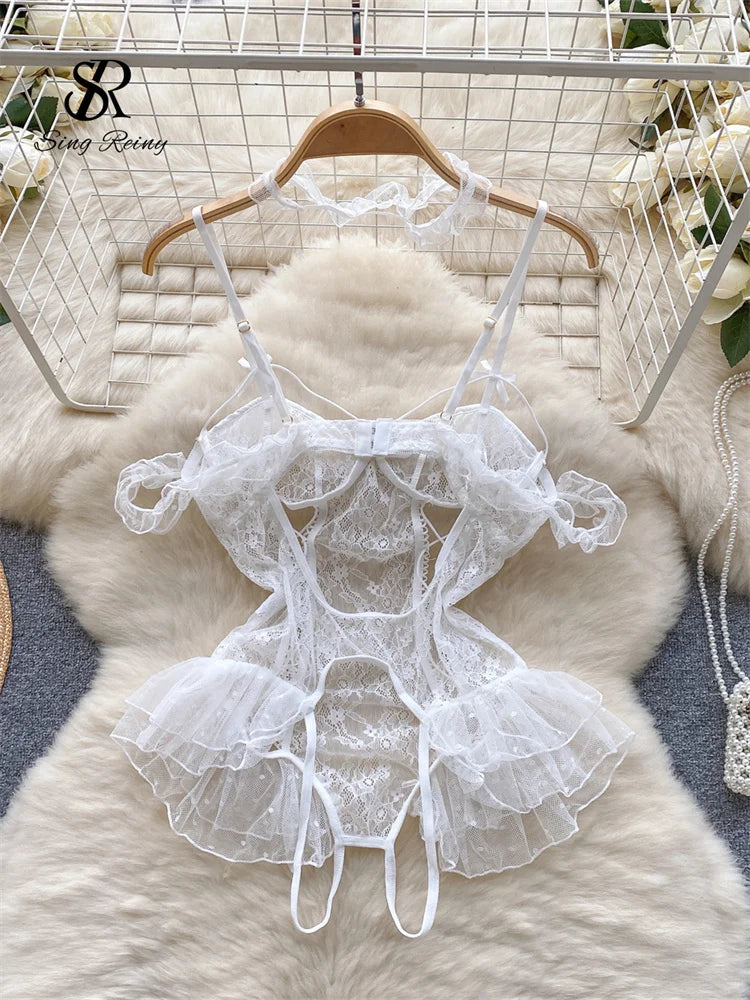 SINGREINY Lace Camis Open crotch Erotic Bodysuits Hollow Out Transparent Slim Playsuits Women Sexy Lingerie Sheer Porno Rompers