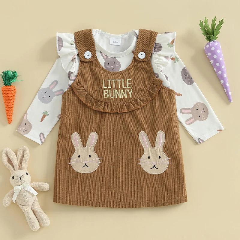 Toddler Baby Girl Easter Outfits Bunny Ruffle Long Sleeve Romper with Overall Dress 2 Piece Spring Sets for Newborn