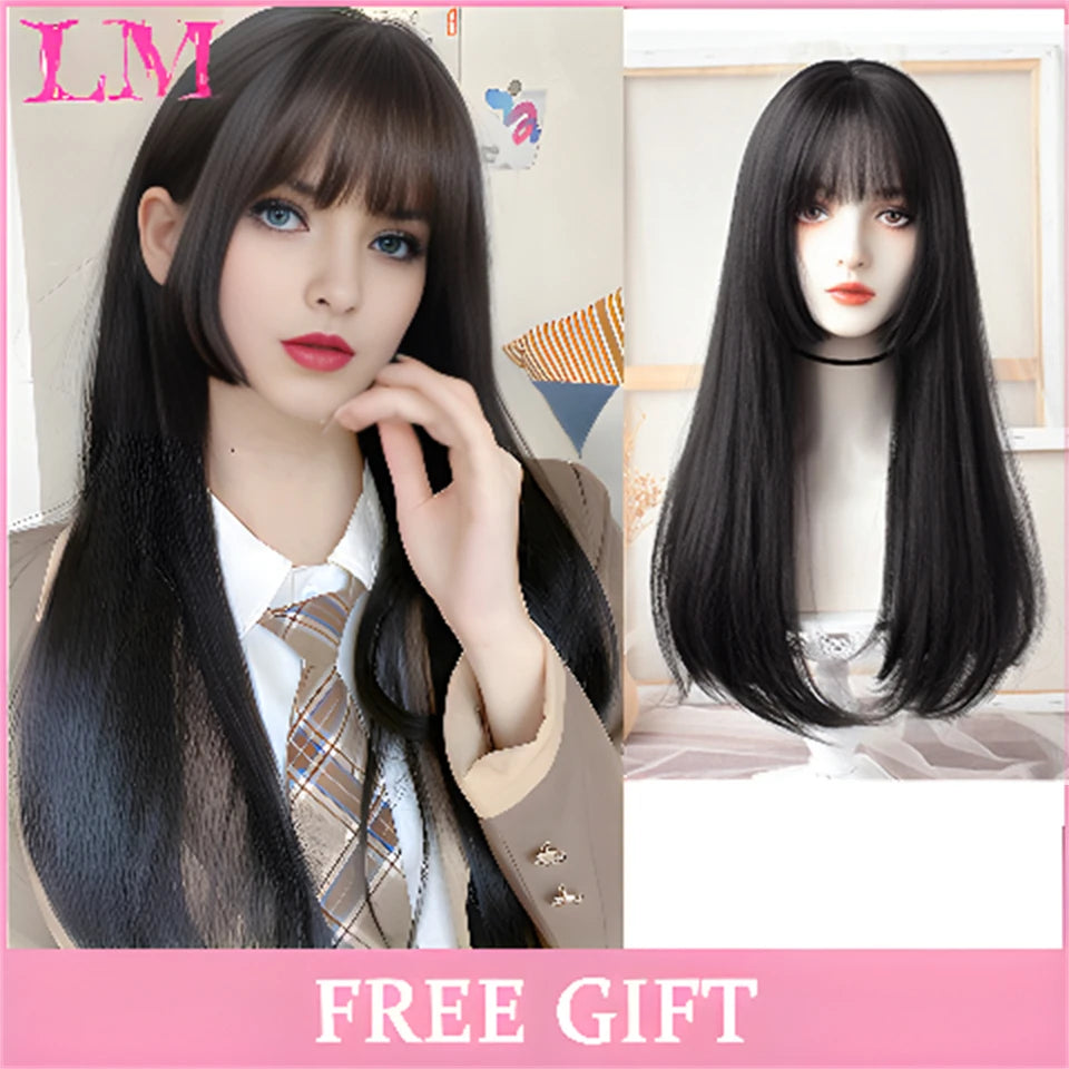LM White Ombre Black Synthetic Wig for Women Long Curly Wave Wigs with Bangs Cosplay Party Heat Resistant Hair
