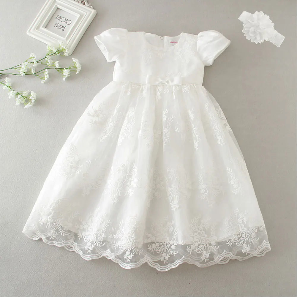 Hetiso White Infant Dress for Baptism Baby Girls Lace Dresses with hat Kids Clothes Christening Birthday Outfits 3-24 Month